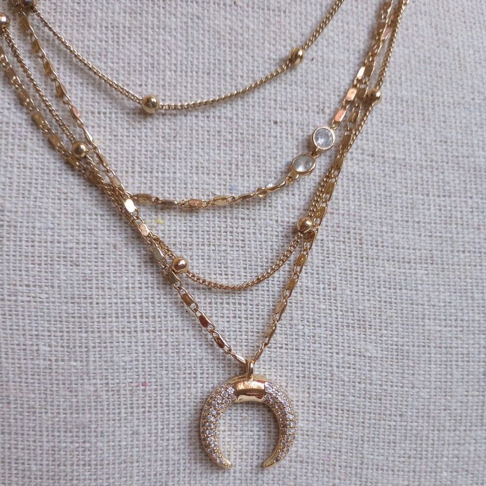 Ettika 18k Gold plated Layered Necklace crystal crescent Moon bull horns